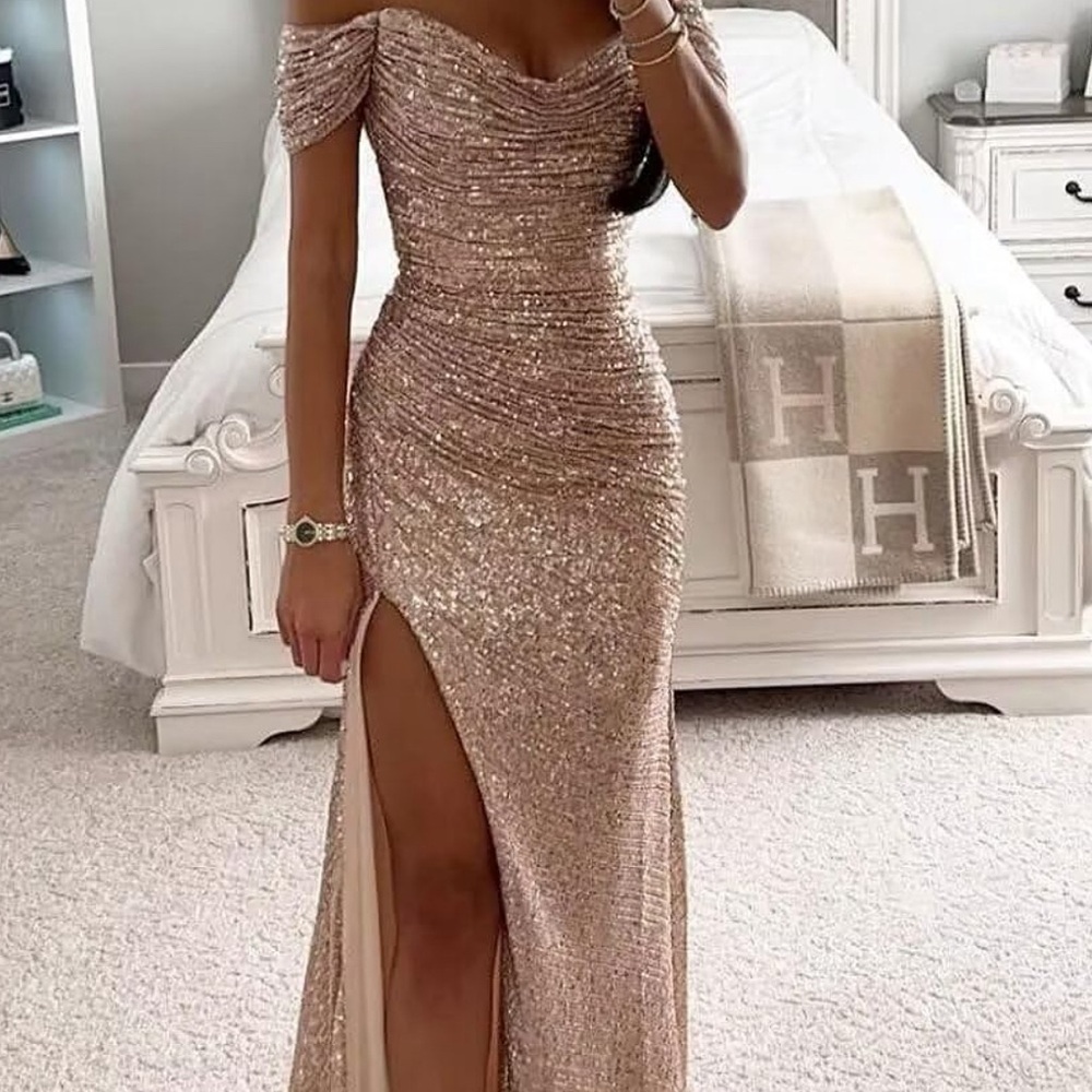 Sequin Mermaid Prom Dress for Women Long Off Shoulder Sparkly Rose Gold